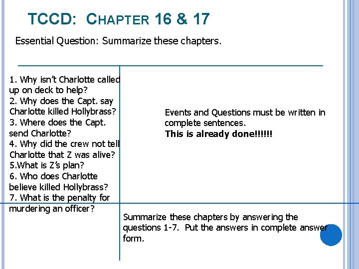 TCCD: CHAPTER 16 & 17 Essential Question: Summarize these chapters. 1. Why isn’t Charlotte