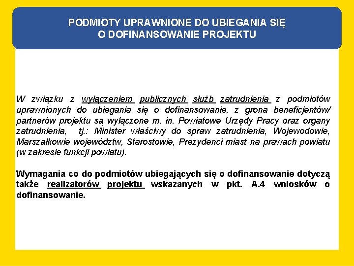 PODMIOTY UPRAWNIONE DO UBIEGANIA SIĘ O DOFINANSOWANIE PROJEKTU W związku z wyłączeniem publicznych służb