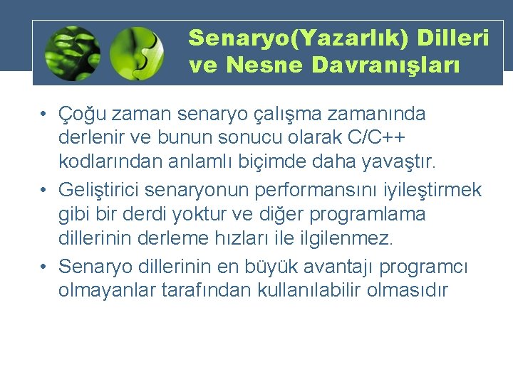 Senaryo(Yazarlık) Dilleri ve Nesne Davranışları • Çoğu zaman senaryo çalışma zamanında derlenir ve bunun