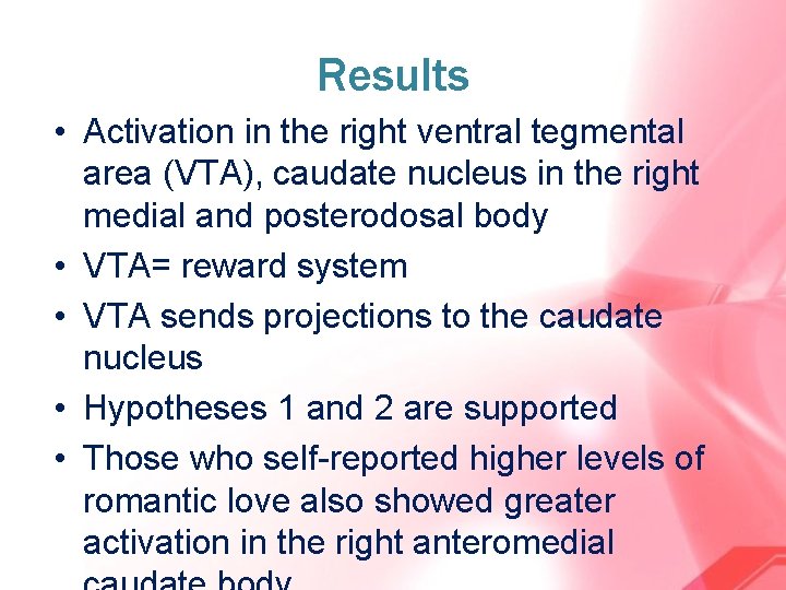 Results • Activation in the right ventral tegmental area (VTA), caudate nucleus in the