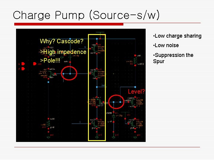 Charge Pump (Source-s/w) • Low charge sharing Why? Cascode? • Low noise >High impedence
