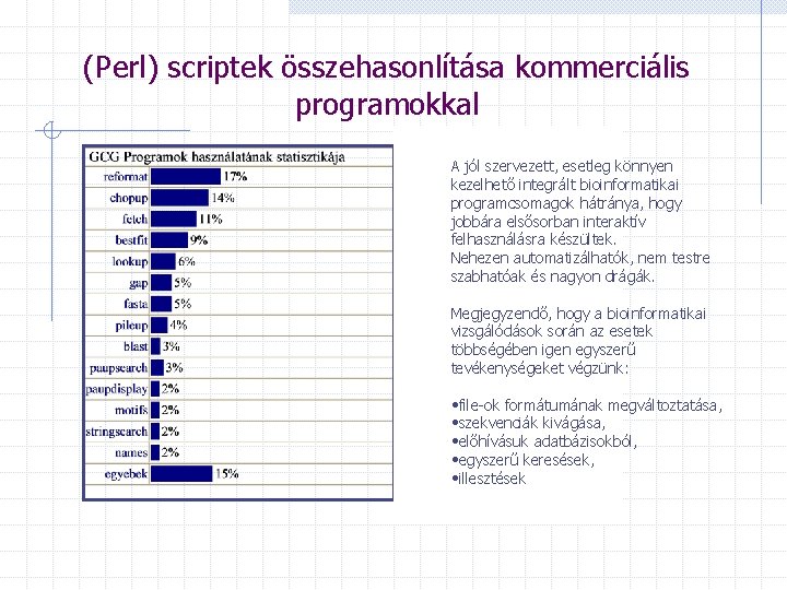(Perl) scriptek összehasonlítása kommerciális programokkal A jól szervezett, esetleg könnyen kezelhető integrált bioinformatikai programcsomagok