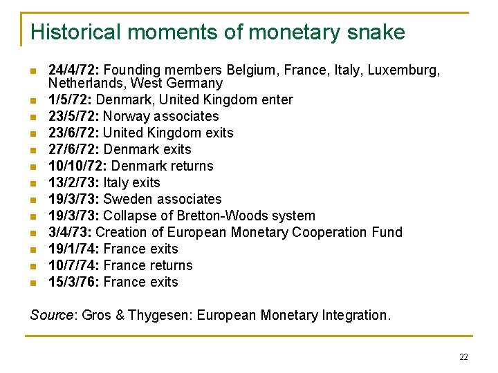 Historical moments of monetary snake n n n n 24/4/72: Founding members Belgium, France,