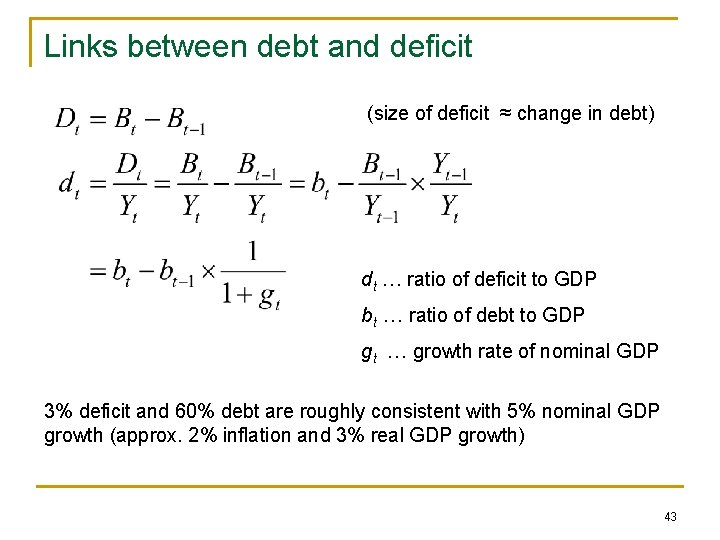 Links between debt and deficit (size of deficit ≈ change in debt) dt …