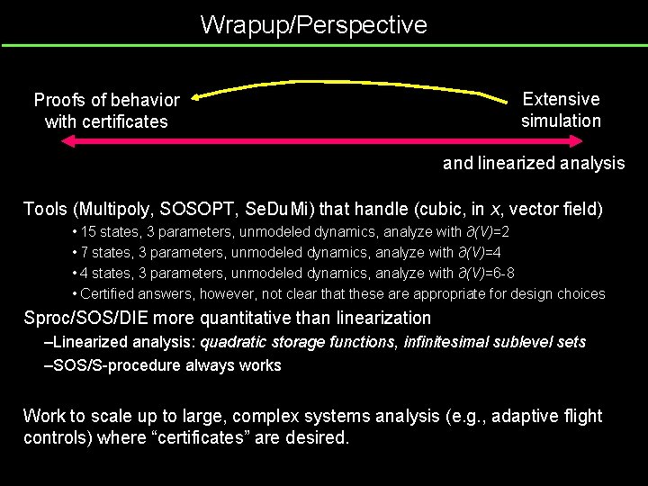 Wrapup/Perspective Proofs of behavior with certificates Extensive simulation and linearized analysis Tools (Multipoly, SOSOPT,