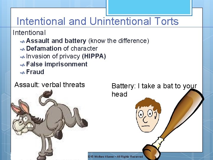 Intentional and Unintentional Torts Intentional Assault and battery (know the difference) Defamation of character