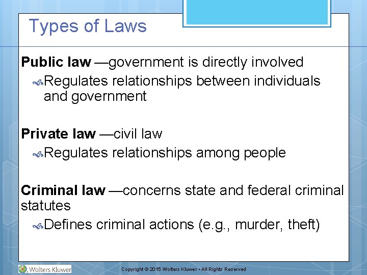 Types of Laws Public law —government is directly involved Regulates relationships between individuals and