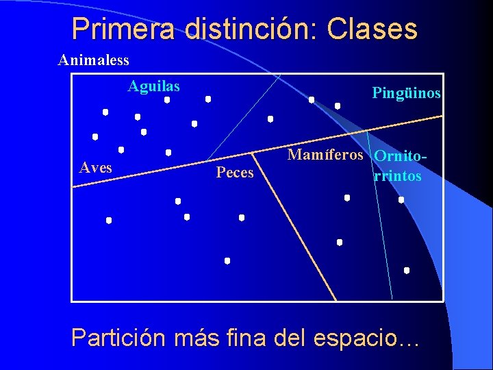 Primera distinción: Clases Animaless Aguilas Aves Pingüinos Peces Mamíferos Ornitorrintos Partición más fina del