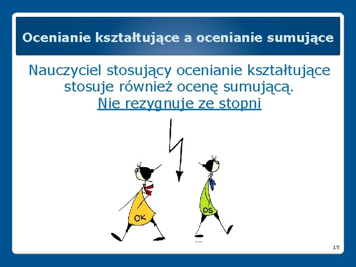 Ocenianie kształtujące a ocenianie sumujące Nauczyciel stosujący ocenianie kształtujące stosuje również ocenę sumującą. Nie