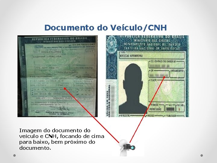 Documento do Veículo/CNH Imagem do documento do veículo e CNH, focando de cima para