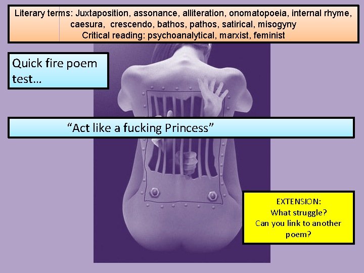 Literary terms: Juxtaposition, assonance, alliteration, onomatopoeia, internal rhyme, caesura, crescendo, bathos, pathos, satirical, misogyny Literary terms: Juxtaposition, assonance, alliteration, onomatopoeia, internal rhyme, caesura, crescendo, bathos, pathos, satirical, misogyny
