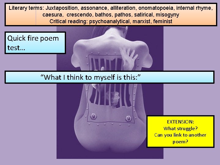 Literary terms: Juxtaposition, assonance, alliteration, onomatopoeia, internal rhyme, caesura, crescendo, bathos, pathos, satirical, misogyny Literary terms: Juxtaposition, assonance, alliteration, onomatopoeia, internal rhyme, caesura, crescendo, bathos, pathos, satirical, misogyny