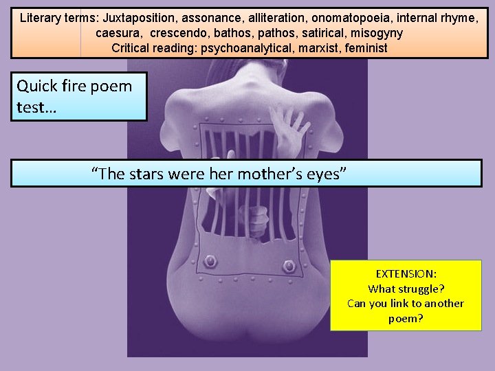 Literary terms: Juxtaposition, assonance, alliteration, onomatopoeia, internal rhyme, caesura, crescendo, bathos, pathos, satirical, misogyny Literary terms: Juxtaposition, assonance, alliteration, onomatopoeia, internal rhyme, caesura, crescendo, bathos, pathos, satirical, misogyny
