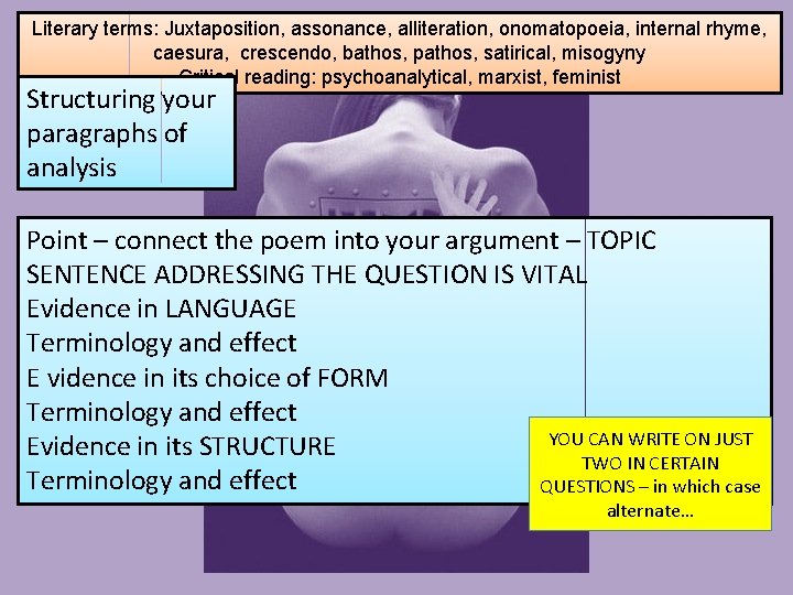 Literary terms: Juxtaposition, assonance, alliteration, onomatopoeia, internal rhyme, caesura, crescendo, bathos, pathos, satirical, misogyny Literary terms: Juxtaposition, assonance, alliteration, onomatopoeia, internal rhyme, caesura, crescendo, bathos, pathos, satirical, misogyny