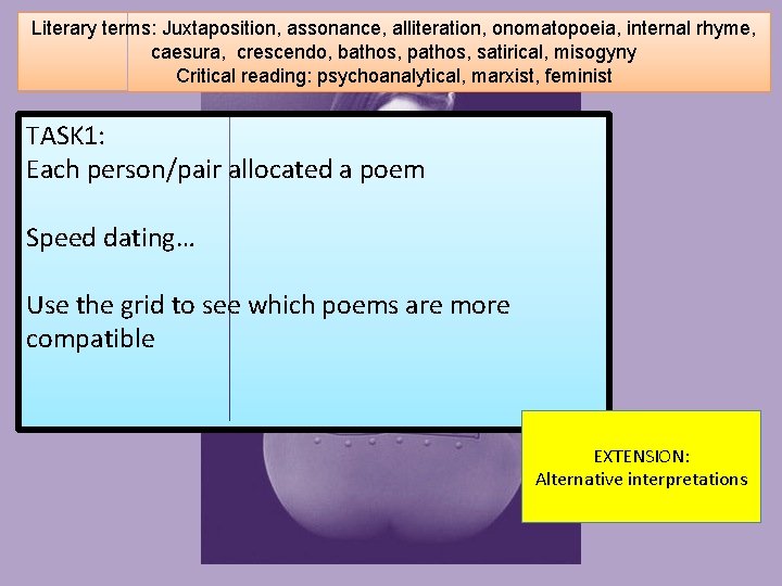 Literary terms: Juxtaposition, assonance, alliteration, onomatopoeia, internal rhyme, caesura, crescendo, bathos, pathos, satirical, misogyny Literary terms: Juxtaposition, assonance, alliteration, onomatopoeia, internal rhyme, caesura, crescendo, bathos, pathos, satirical, misogyny