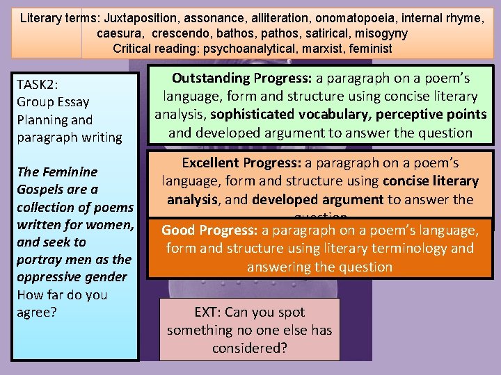Literary terms: Juxtaposition, assonance, alliteration, onomatopoeia, internal rhyme, caesura, crescendo, bathos, pathos, satirical, misogyny Literary terms: Juxtaposition, assonance, alliteration, onomatopoeia, internal rhyme, caesura, crescendo, bathos, pathos, satirical, misogyny
