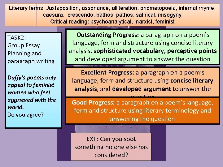 Literary terms: Juxtaposition, assonance, alliteration, onomatopoeia, internal rhyme, caesura, crescendo, bathos, pathos, satirical, misogyny Literary terms: Juxtaposition, assonance, alliteration, onomatopoeia, internal rhyme, caesura, crescendo, bathos, pathos, satirical, misogyny