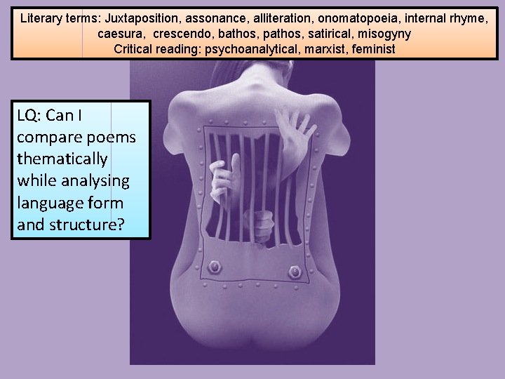 Literary terms: Juxtaposition, assonance, alliteration, onomatopoeia, internal rhyme, caesura, crescendo, bathos, pathos, satirical, misogyny Literary terms: Juxtaposition, assonance, alliteration, onomatopoeia, internal rhyme, caesura, crescendo, bathos, pathos, satirical, misogyny