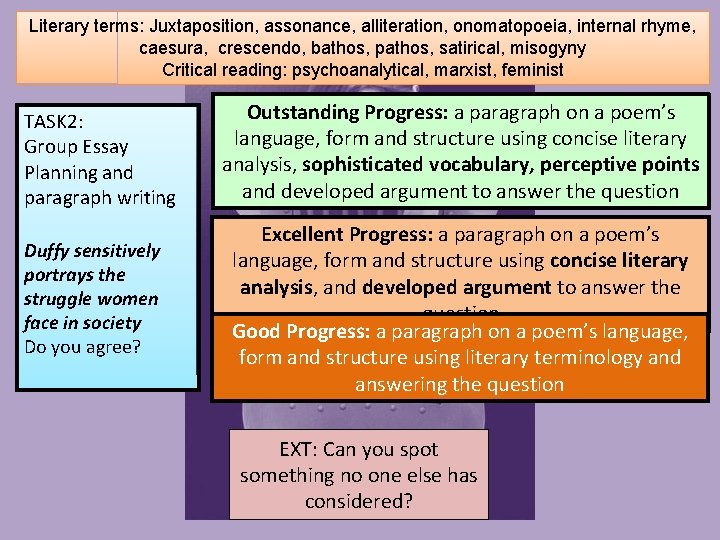 Literary terms: Juxtaposition, assonance, alliteration, onomatopoeia, internal rhyme, caesura, crescendo, bathos, pathos, satirical, misogyny Literary terms: Juxtaposition, assonance, alliteration, onomatopoeia, internal rhyme, caesura, crescendo, bathos, pathos, satirical, misogyny