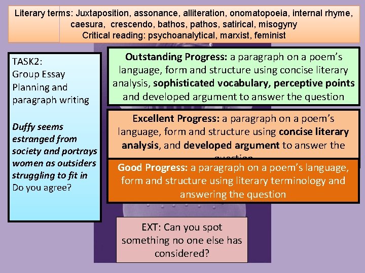 Literary terms: Juxtaposition, assonance, alliteration, onomatopoeia, internal rhyme, caesura, crescendo, bathos, pathos, satirical, misogyny Literary terms: Juxtaposition, assonance, alliteration, onomatopoeia, internal rhyme, caesura, crescendo, bathos, pathos, satirical, misogyny