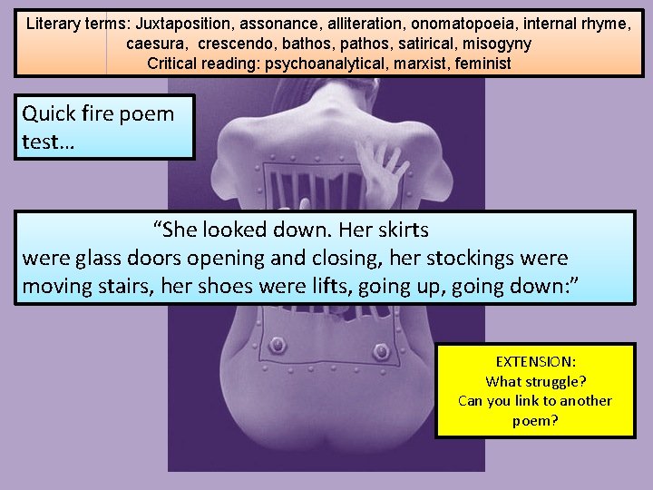Literary terms: Juxtaposition, assonance, alliteration, onomatopoeia, internal rhyme, caesura, crescendo, bathos, pathos, satirical, misogyny Literary terms: Juxtaposition, assonance, alliteration, onomatopoeia, internal rhyme, caesura, crescendo, bathos, pathos, satirical, misogyny