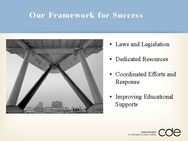 Our Framework for Success • Laws and Legislation • Dedicated Resources • Coordinated Efforts