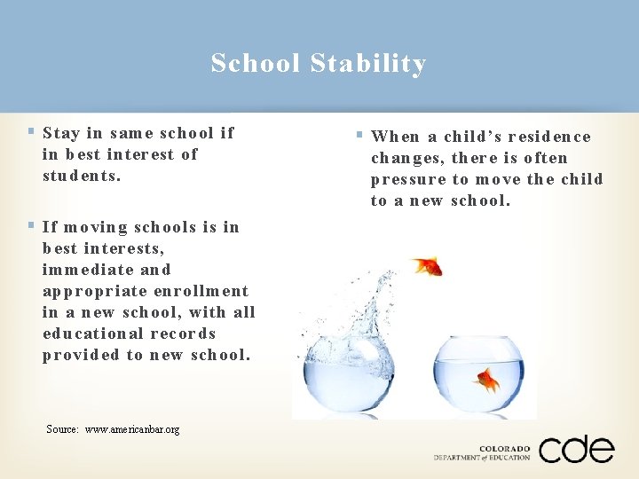 School Stability § Stay in same school if in best interest of students. § School Stability § Stay in same school if in best interest of students. §