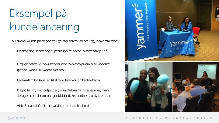 Eksempel på kundelancering En Yammer-kunde planlagde en ugelang netværkslancering, som omfattede: • Planlægningsteamet og