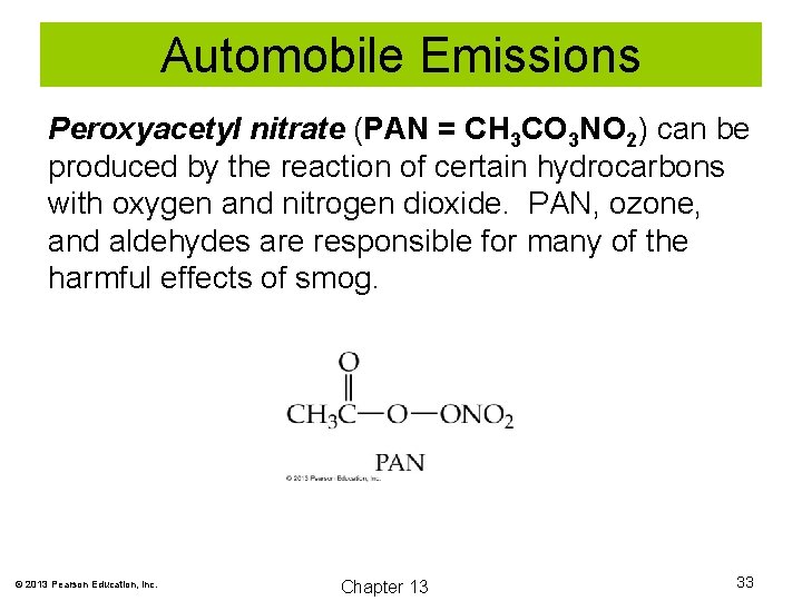 Automobile Emissions Peroxyacetyl nitrate (PAN = CH 3 CO 3 NO 2) can be