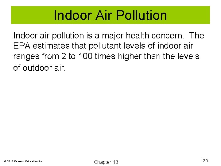 Indoor Air Pollution Indoor air pollution is a major health concern. The EPA estimates