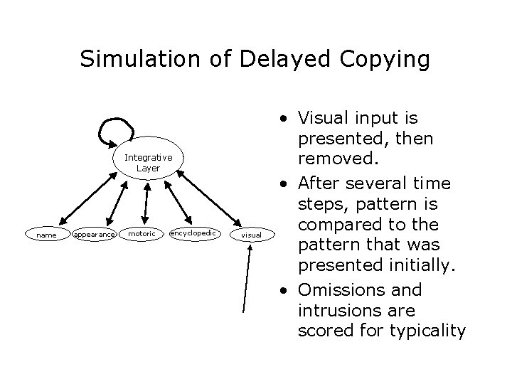 Simulation of Delayed Copying Integrative Layer name appearance motoric encyclopedic visual • Visual input