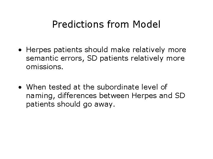 Predictions from Model • Herpes patients should make relatively more semantic errors, SD patients