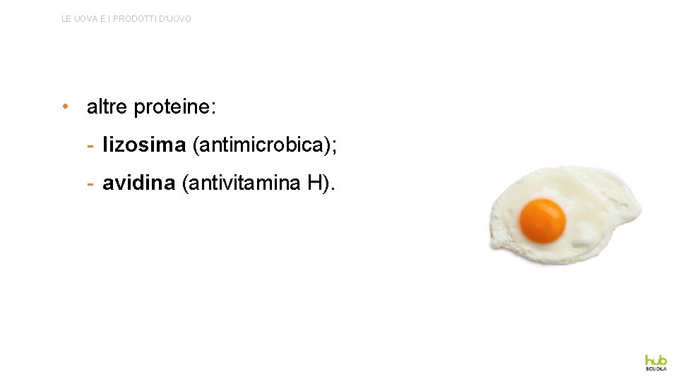 LE UOVA E I PRODOTTI D’UOVO • altre proteine: - lizosima (antimicrobica); - avidina