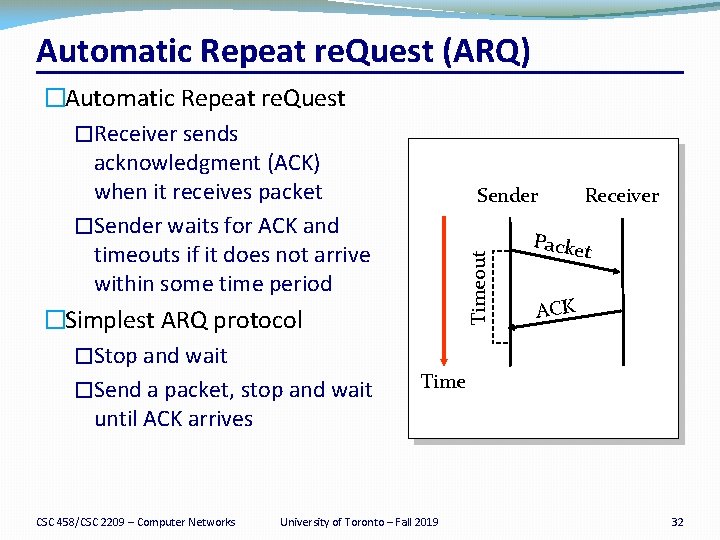Automatic Repeat re. Quest (ARQ) CSC 458/CSC 2209 – Computer Networks Sender Timeout �Automatic