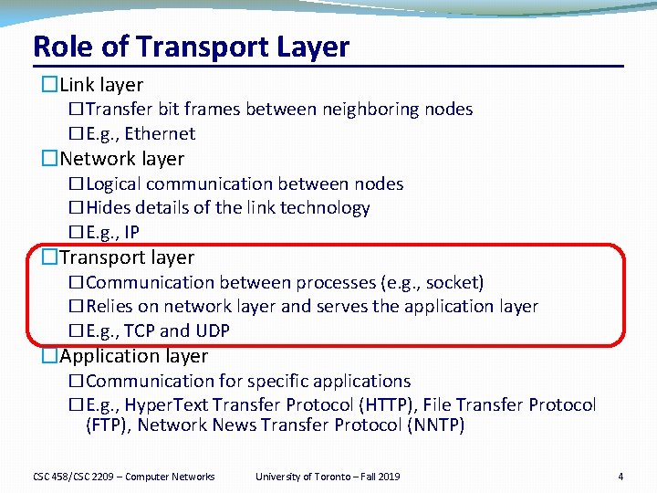 Role of Transport Layer �Link layer �Transfer bit frames between neighboring nodes �E. g.
