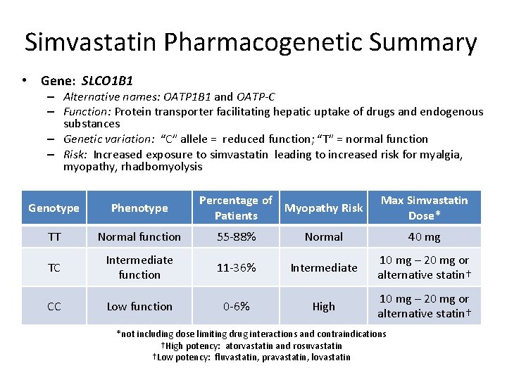 Simvastatin Pharmacogenetic Summary • Gene: SLCO 1 B 1 – Alternative names: OATP 1