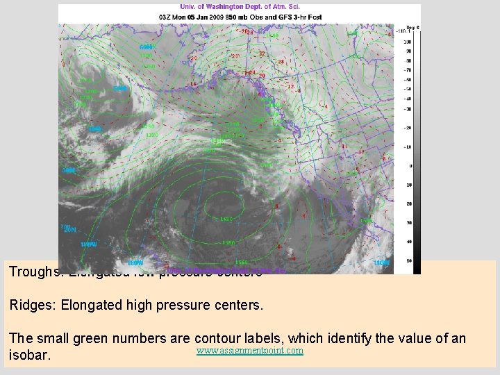 Troughs: Elongated low pressure centers Ridges: Elongated high pressure centers. The small green numbers