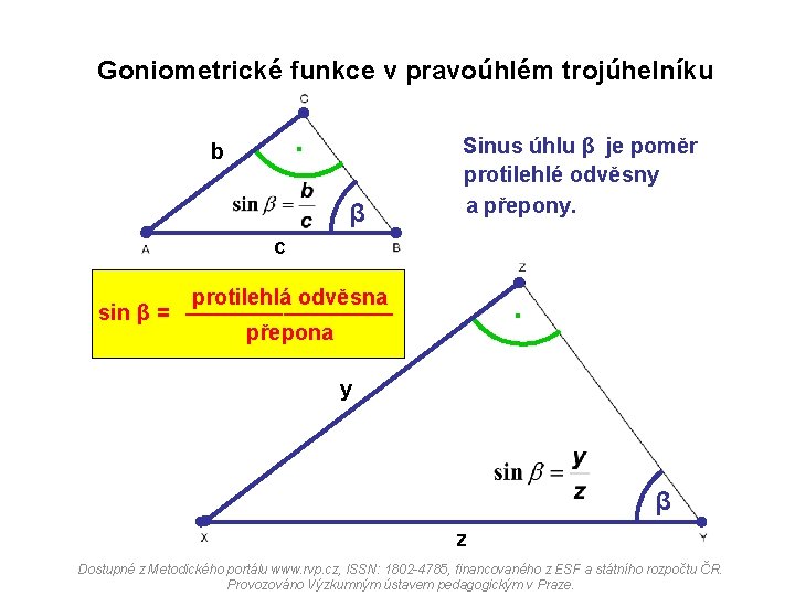 Goniometrické funkce v pravoúhlém trojúhelníku . b β Sinus úhlu β je poměr protilehlé