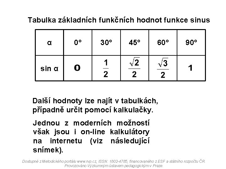 Tabulka základních funkčních hodnot funkce sinus α 0° 30° 45° 60° 90° sin α