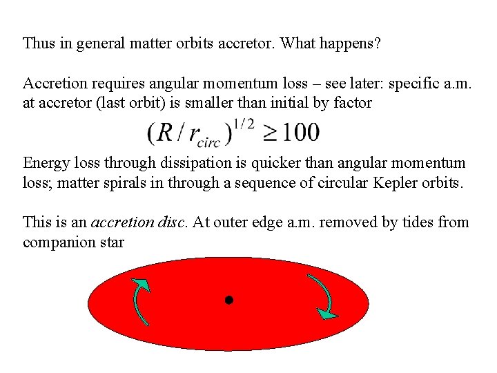 Thus in general matter orbits accretor. What happens? Accretion requires angular momentum loss –