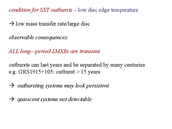 condition for SXT outbursts – low disc edge temperature low mass transfer rate/large disc