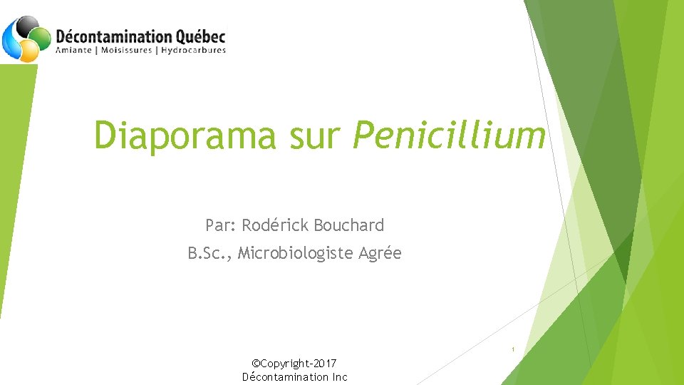 Diaporama sur Penicillium Par: Rodérick Bouchard B. Sc. , Microbiologiste Agrée 1 ©Copyright-2017 Décontamination
