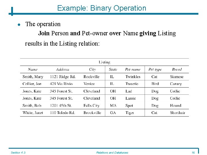 Example: Binary Operation The operation Join Person and Pet-owner over Name giving Listing results Example: Binary Operation The operation Join Person and Pet-owner over Name giving Listing results