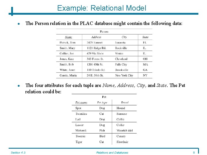 Example: Relational Model Section 4. 3 The Person relation in the PLAC database might Example: Relational Model Section 4. 3 The Person relation in the PLAC database might