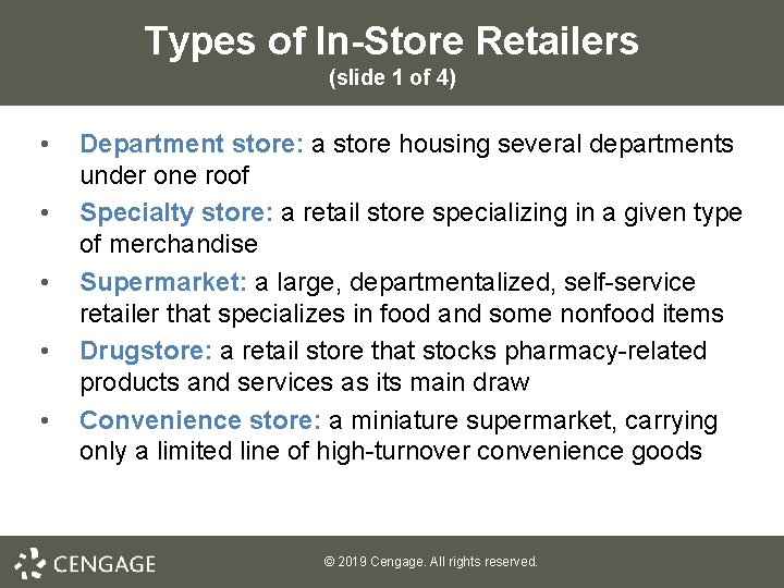 Types of In-Store Retailers (slide 1 of 4) • • • Department store: a