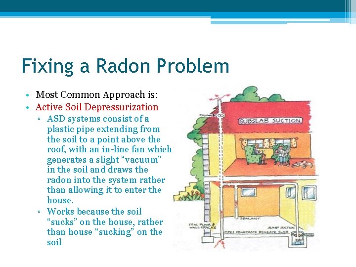 Fixing a Radon Problem • Most Common Approach is: • Active Soil Depressurization ▫ Fixing a Radon Problem • Most Common Approach is: • Active Soil Depressurization ▫