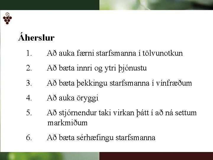 Áherslur 1. Að auka færni starfsmanna í tölvunotkun 2. Að bæta innri og ytri