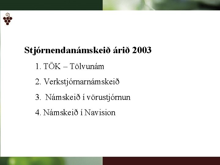 Stjórnendanámskeið árið 2003 1. TÖK – Tölvunám 2. Verkstjórnarnámskeið 3. Námskeið í vörustjórnun 4.