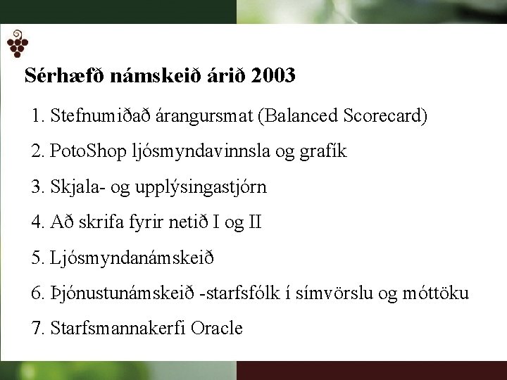 Sérhæfð námskeið árið 2003 1. Stefnumiðað árangursmat (Balanced Scorecard) 2. Poto. Shop ljósmyndavinnsla og