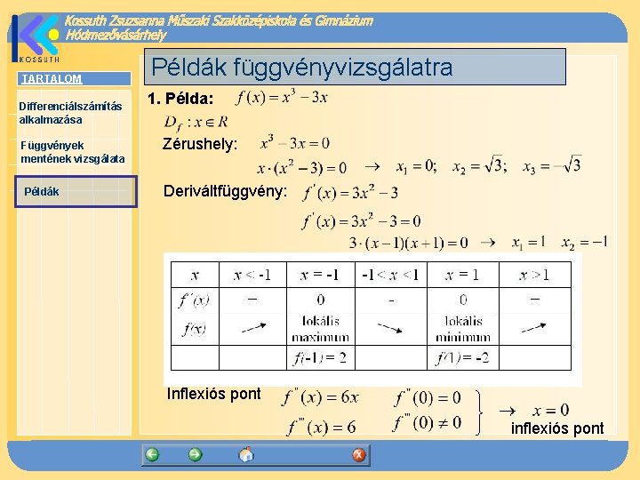 TARTALOM Differenciálszámítás alkalmazása Példák függvényvizsgálatra 1. Példa: Függvények mentének vizsgálata Zérushely: Példák Deriváltfüggvény: Inflexiós